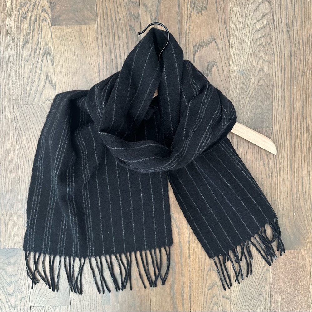 Anthro Vintage 100% Merino Wool Striped Oblong Fringed Scarf Black and Grey 69"l